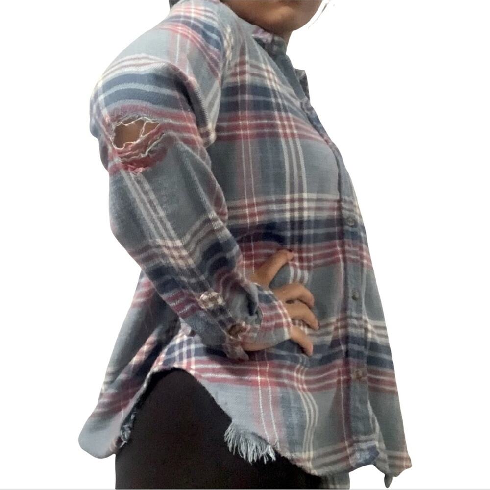 American Eagle Distressed Plaid Flannel Shirt